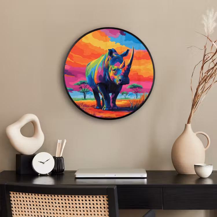 Ronde fotolijst - Neushoorn - Zonsondergang - Savanna - Kleurrijk — 3