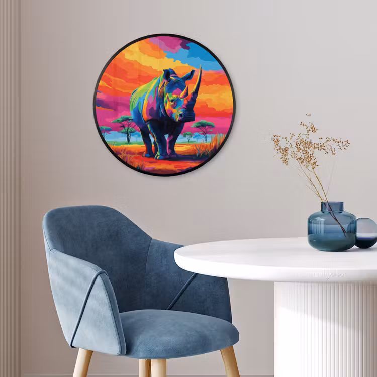 Ronde fotolijst - Neushoorn - Zonsondergang - Savanna - Kleurrijk — 4