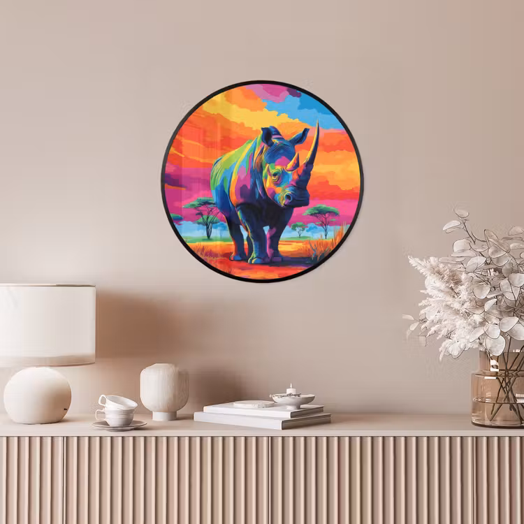 Ronde fotolijst - Neushoorn - Zonsondergang - Savanna - Kleurrijk — 5