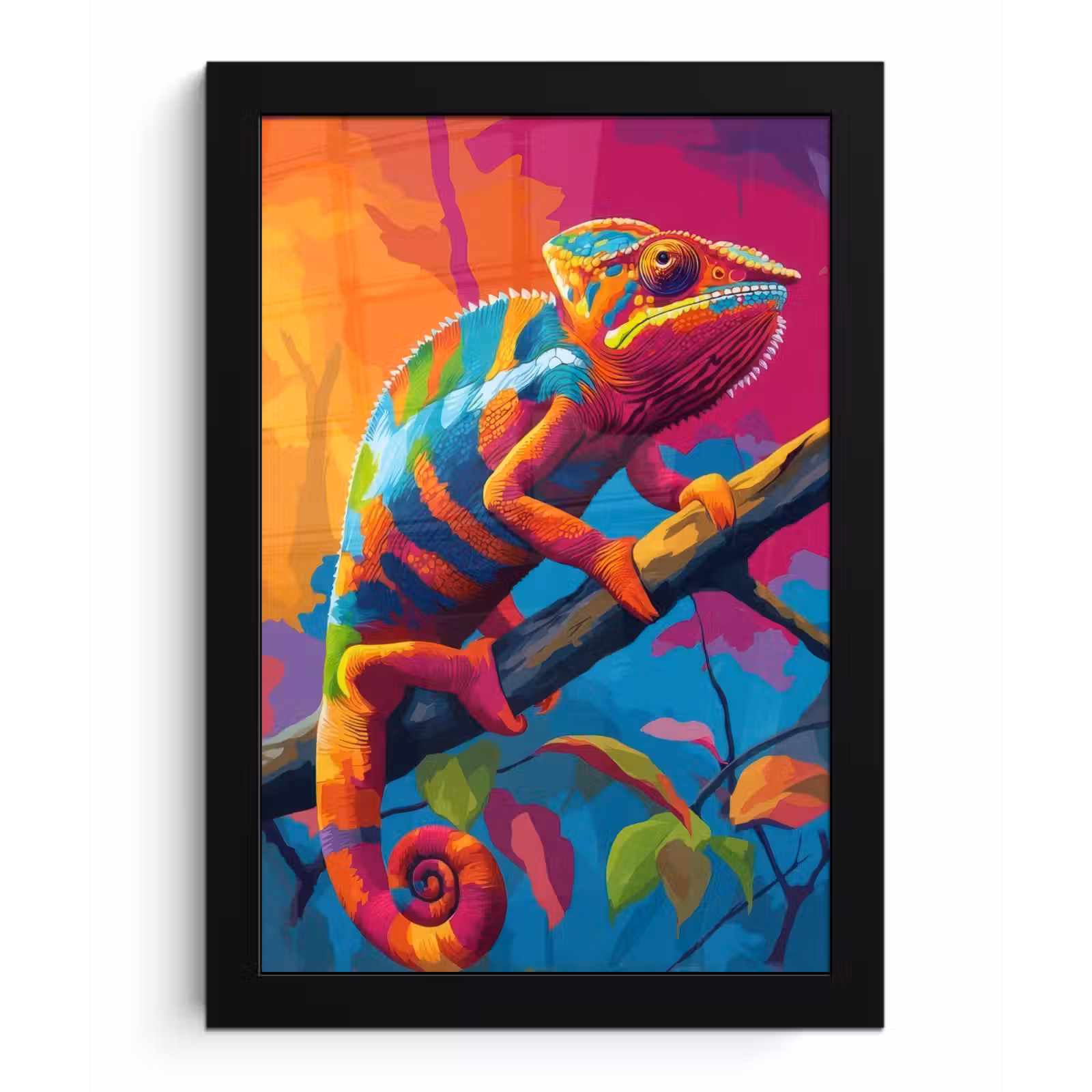 Poster met lijst - Kameleon - Tak - Gestreept - Bladeren — 1