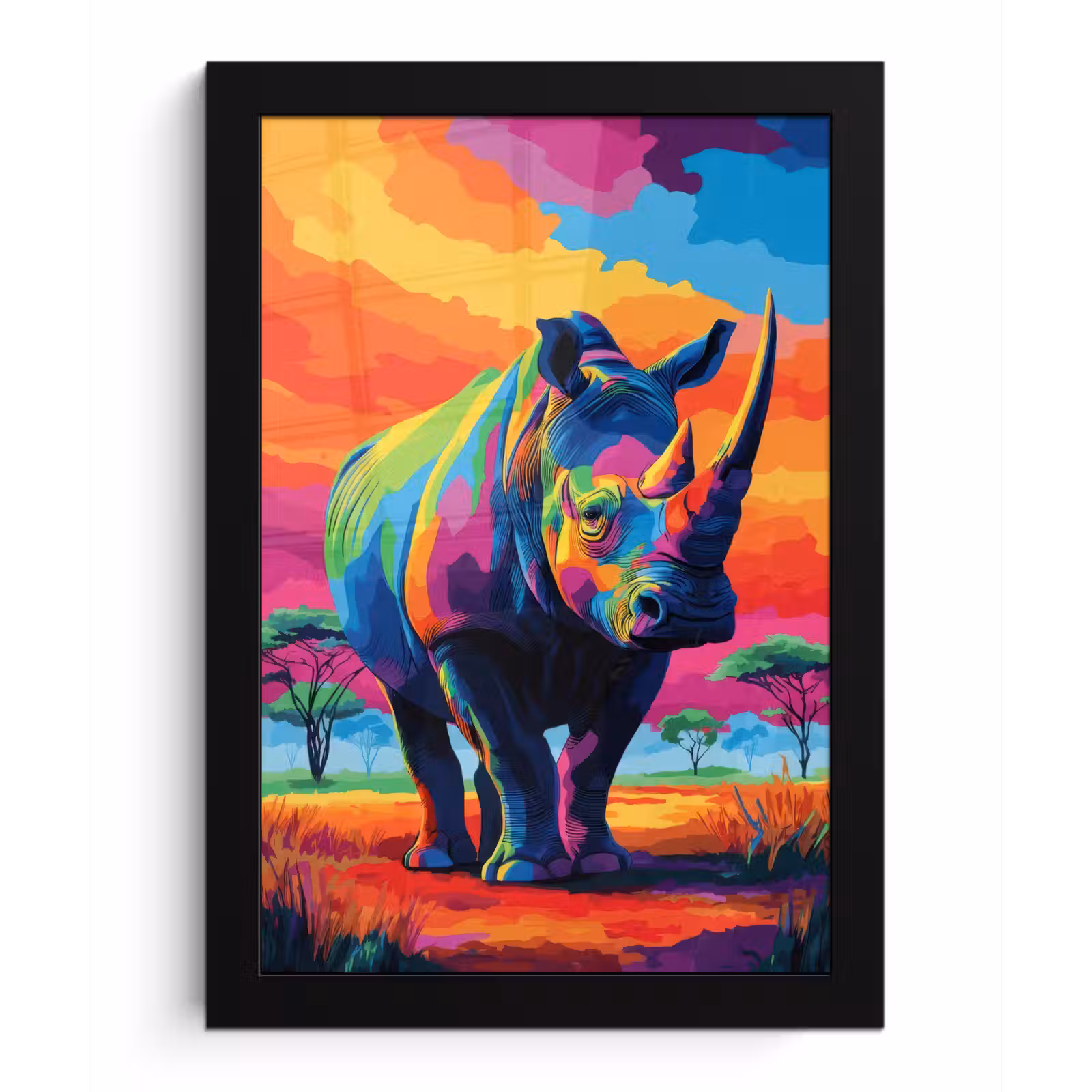 Poster met lijst - Neushoorn - Zonsondergang - Savanna - Kleurrijk — 1