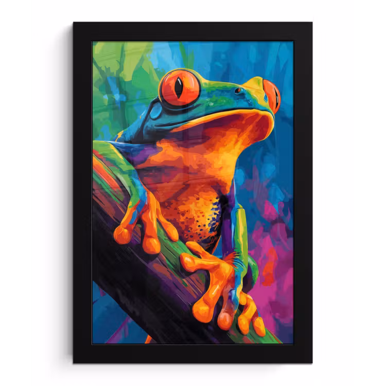 Poster met lijst - Kikker - Felgekleurd - Tak - Regenboog — 1