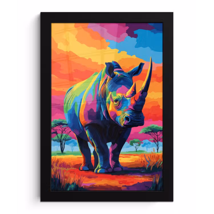 Poster met lijst - Neushoorn - Zonsondergang - Savanna - Kleurrijk — 1