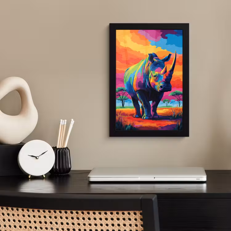 Poster met lijst - Neushoorn - Zonsondergang - Savanna - Kleurrijk — 2