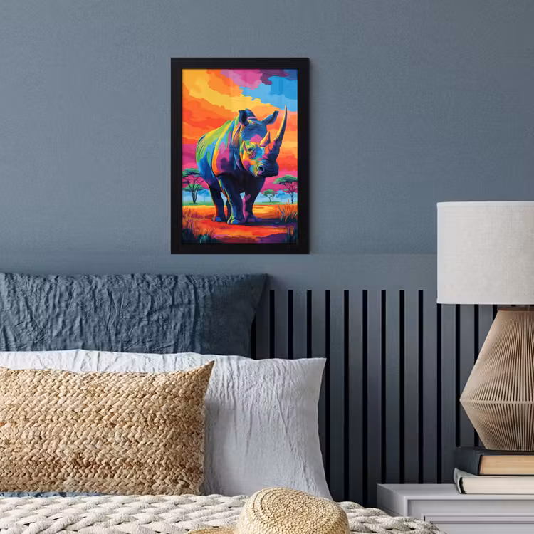 Poster met lijst - Neushoorn - Zonsondergang - Savanna - Kleurrijk — 3