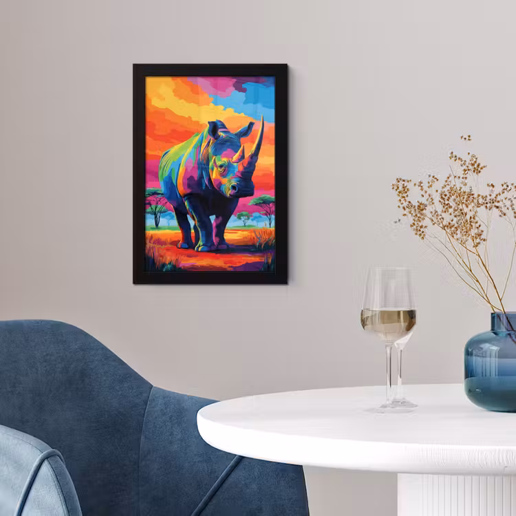 Poster met lijst - Neushoorn - Zonsondergang - Savanna - Kleurrijk — 4