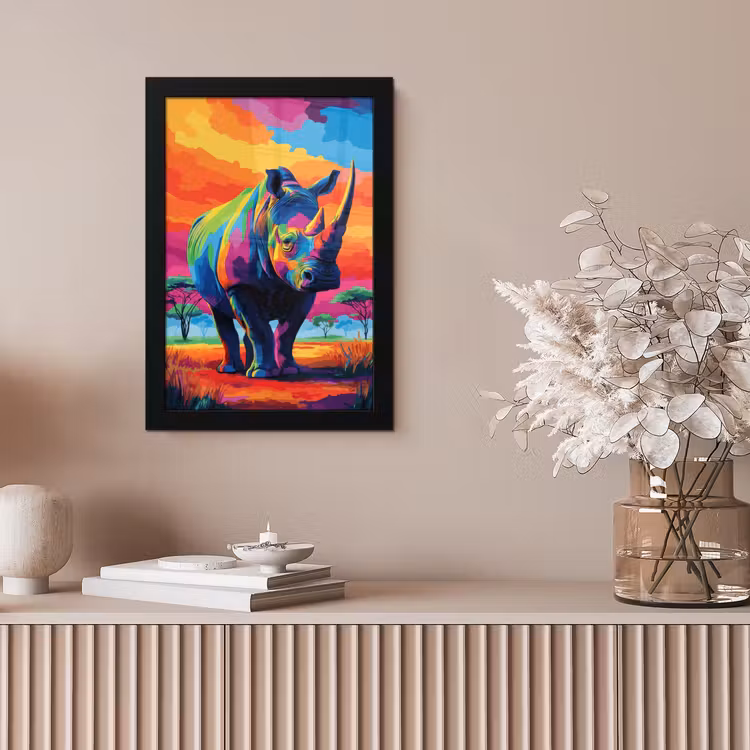 Poster met lijst - Neushoorn - Zonsondergang - Savanna - Kleurrijk — 5