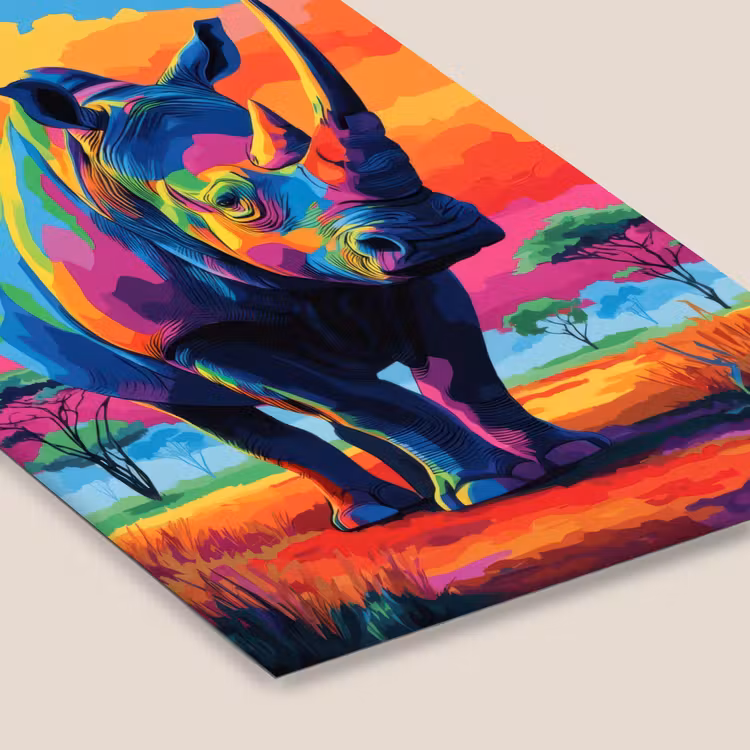 Poster met lijst - Neushoorn - Zonsondergang - Savanna - Kleurrijk — 7