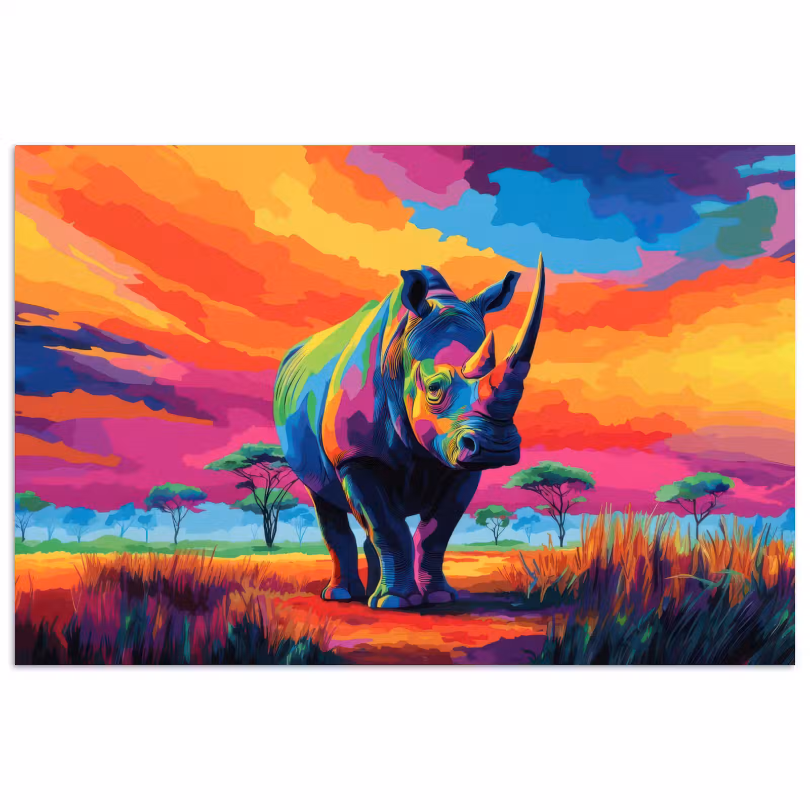 Poster – Neushoorn - Zonsondergang - Savanna - Kleurrijk — 1