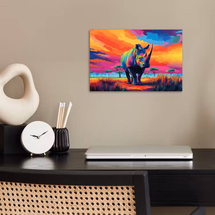 Poster – Neushoorn - Zonsondergang - Savanna - Kleurrijk — 2