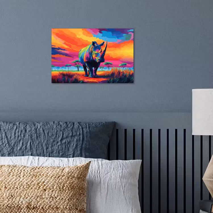 Poster – Neushoorn - Zonsondergang - Savanna - Kleurrijk — 3