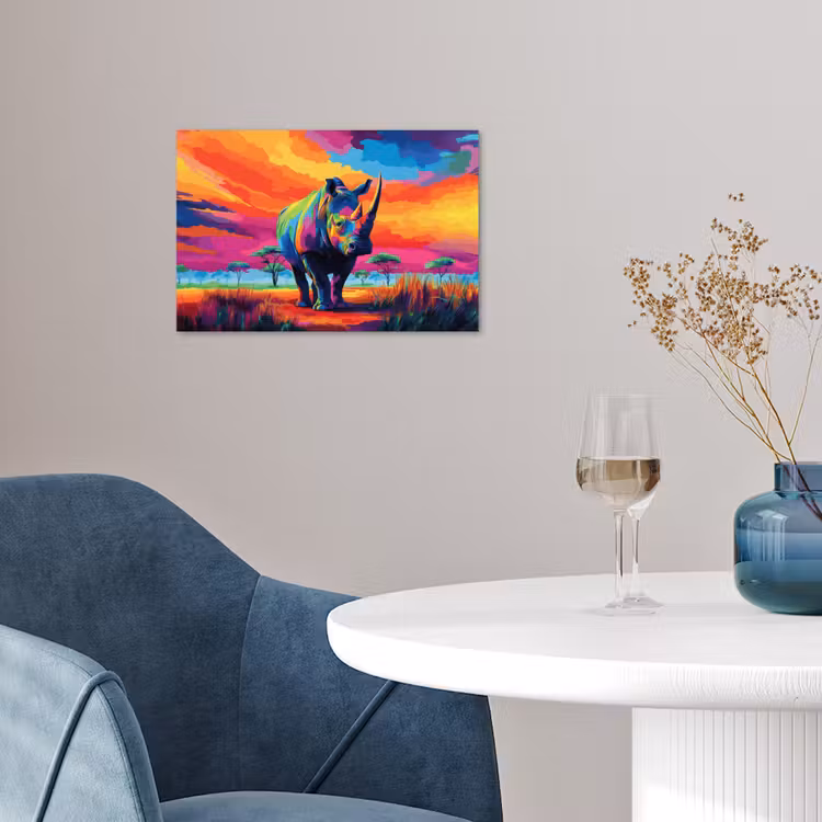 Poster – Neushoorn - Zonsondergang - Savanna - Kleurrijk — 4