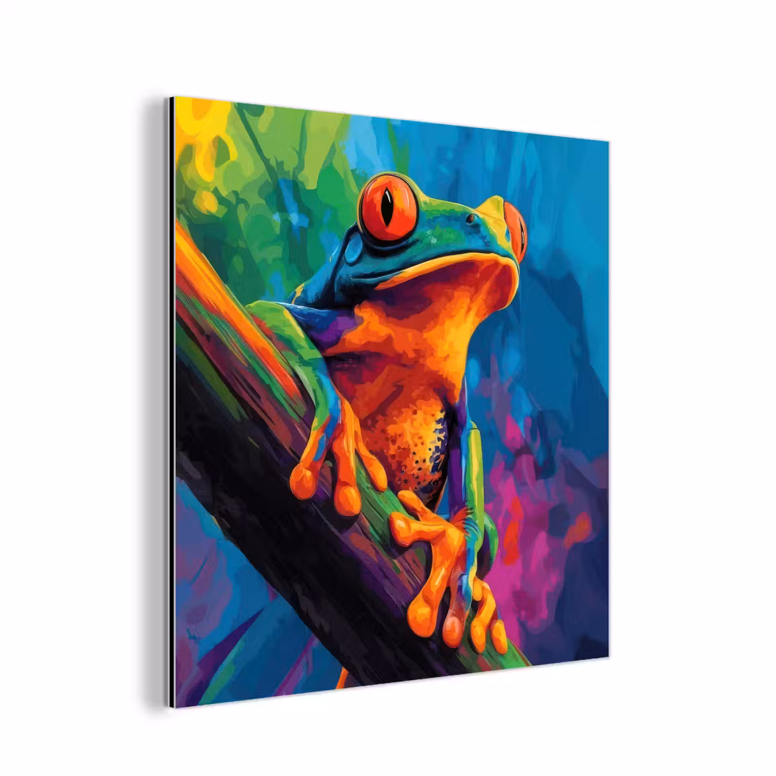 Aluminium schilderij - Kikker - Felgekleurd - Tak - Regenboog — 1