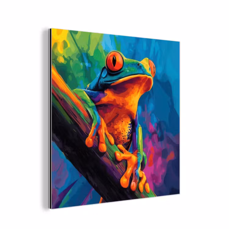 Aluminium schilderij - Kikker - Felgekleurd - Tak - Regenboog — 1