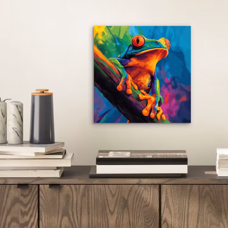 Aluminium schilderij - Kikker - Felgekleurd - Tak - Regenboog — 2