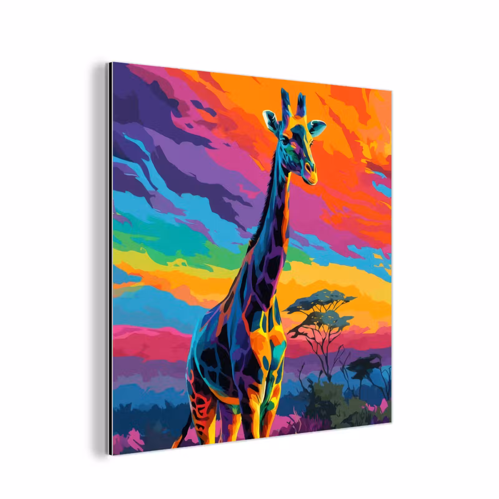 Aluminium schilderij - Giraffe - Savanna - Lucht - Gekleurd — 1