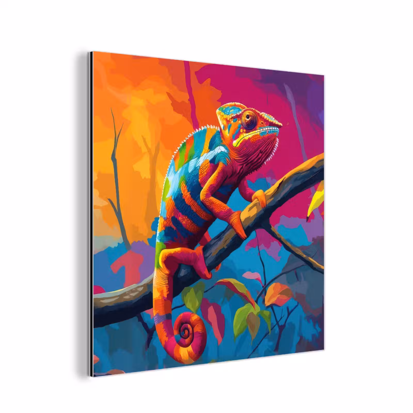 Aluminium schilderij - Kameleon - Tak - Gestreept - Bladeren — 1