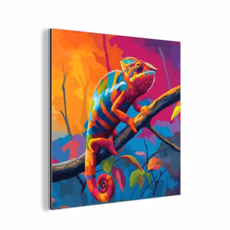 Aluminium schilderij - Kameleon - Tak - Gestreept - Bladeren — 1