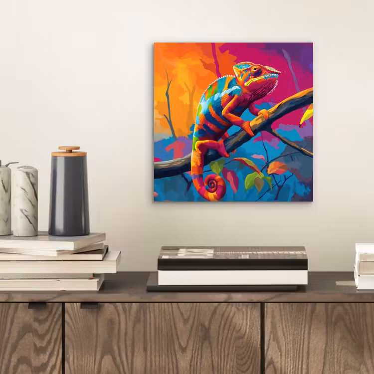 Aluminium schilderij - Kameleon - Tak - Gestreept - Bladeren — 2