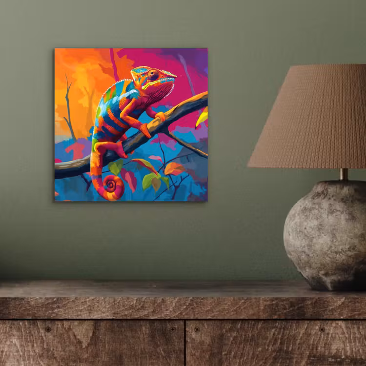 Aluminium schilderij - Kameleon - Tak - Gestreept - Bladeren — 3
