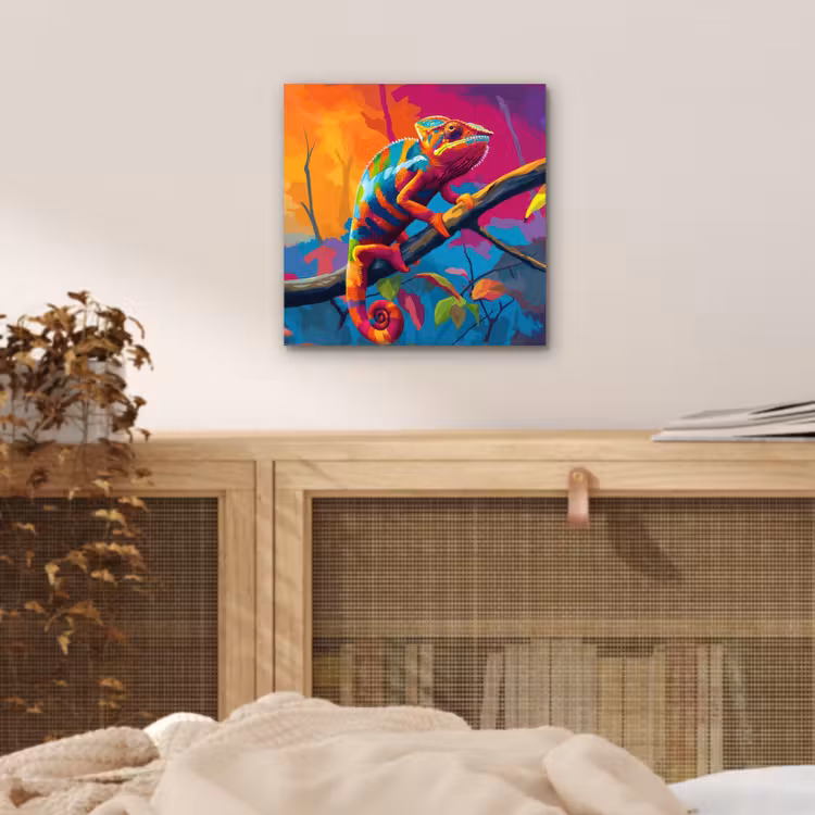 Aluminium schilderij - Kameleon - Tak - Gestreept - Bladeren — 4