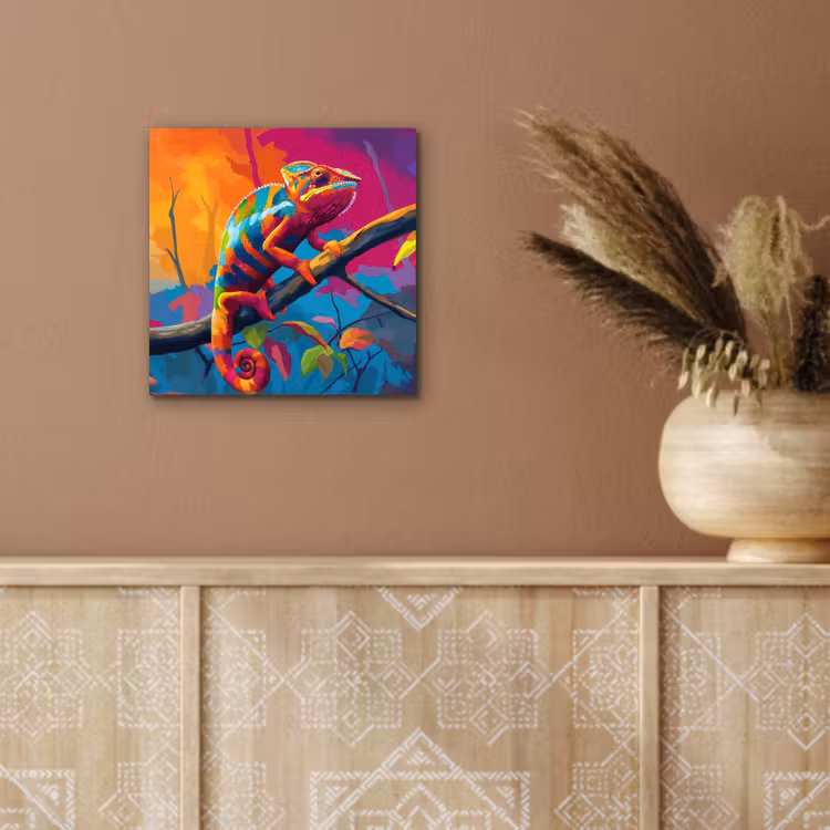 Aluminium schilderij - Kameleon - Tak - Gestreept - Bladeren — 5