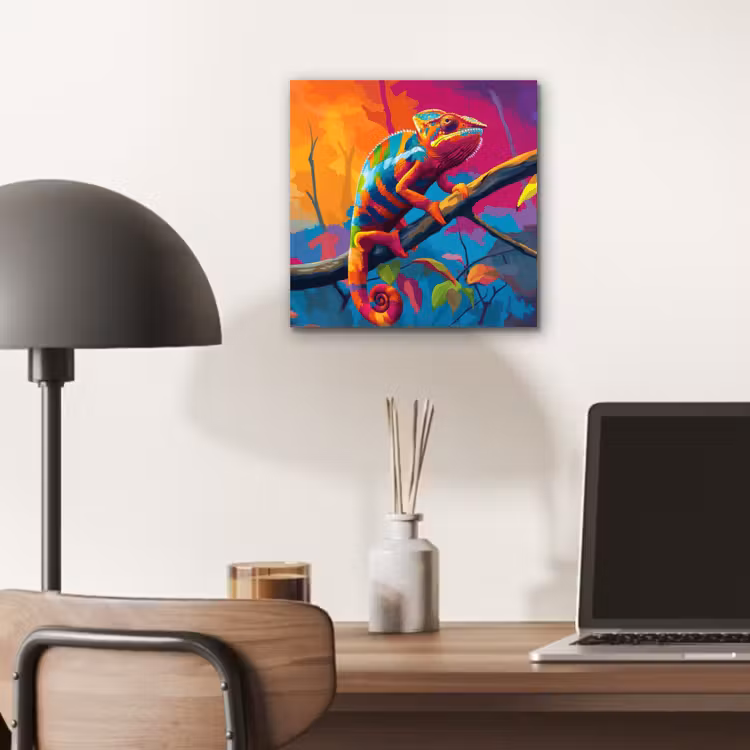 Aluminium schilderij - Kameleon - Tak - Gestreept - Bladeren — 6