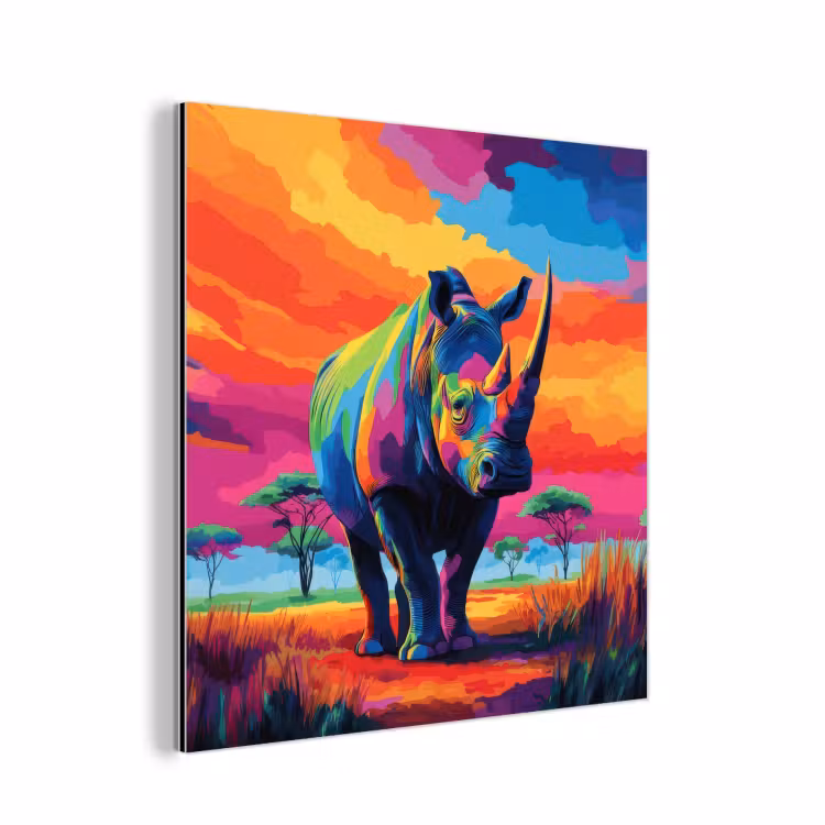 Aluminium schilderij - Neushoorn - Zonsondergang - Savanna - Kleurrijk — 1