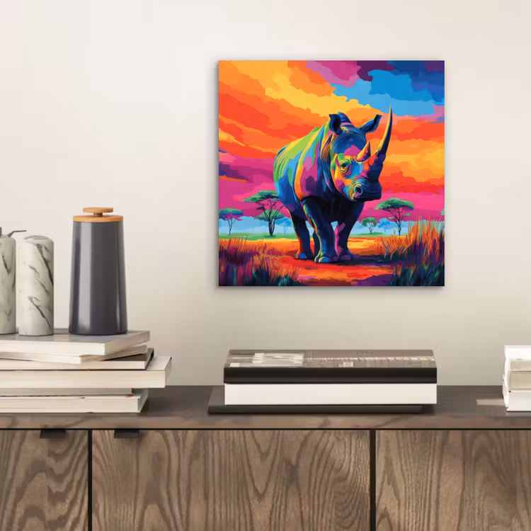 Aluminium schilderij - Neushoorn - Zonsondergang - Savanna - Kleurrijk — 2