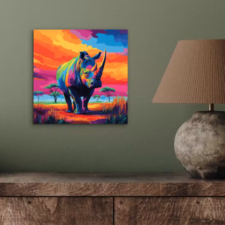 Aluminium schilderij - Neushoorn - Zonsondergang - Savanna - Kleurrijk — 3