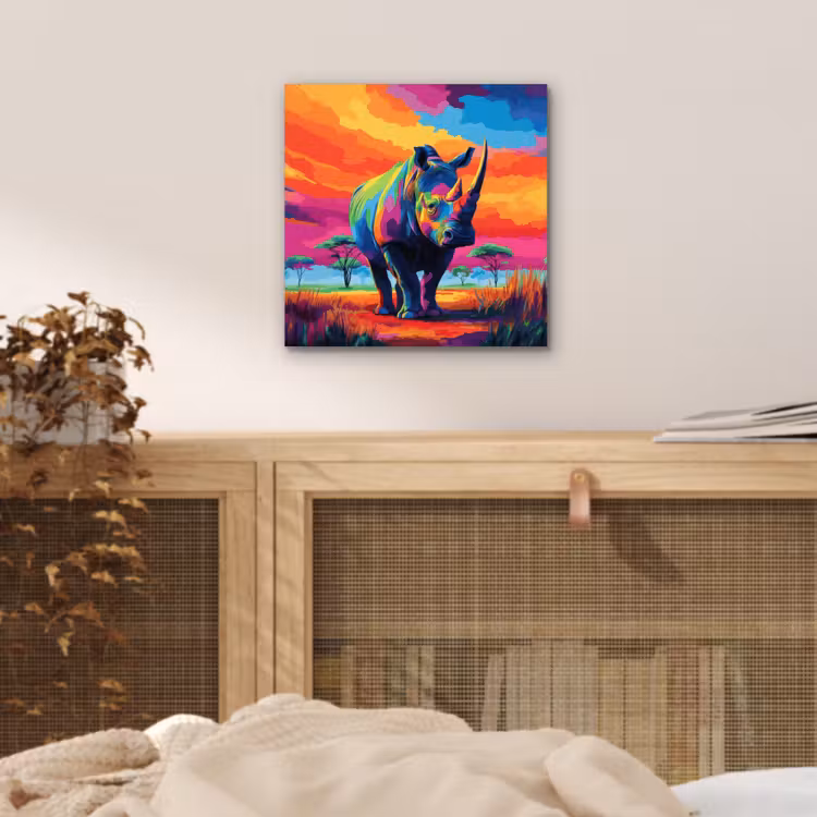 Aluminium schilderij - Neushoorn - Zonsondergang - Savanna - Kleurrijk — 4