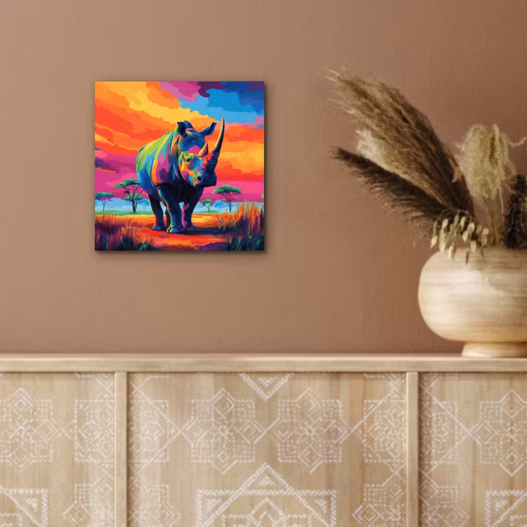 Aluminium schilderij - Neushoorn - Zonsondergang - Savanna - Kleurrijk — 5
