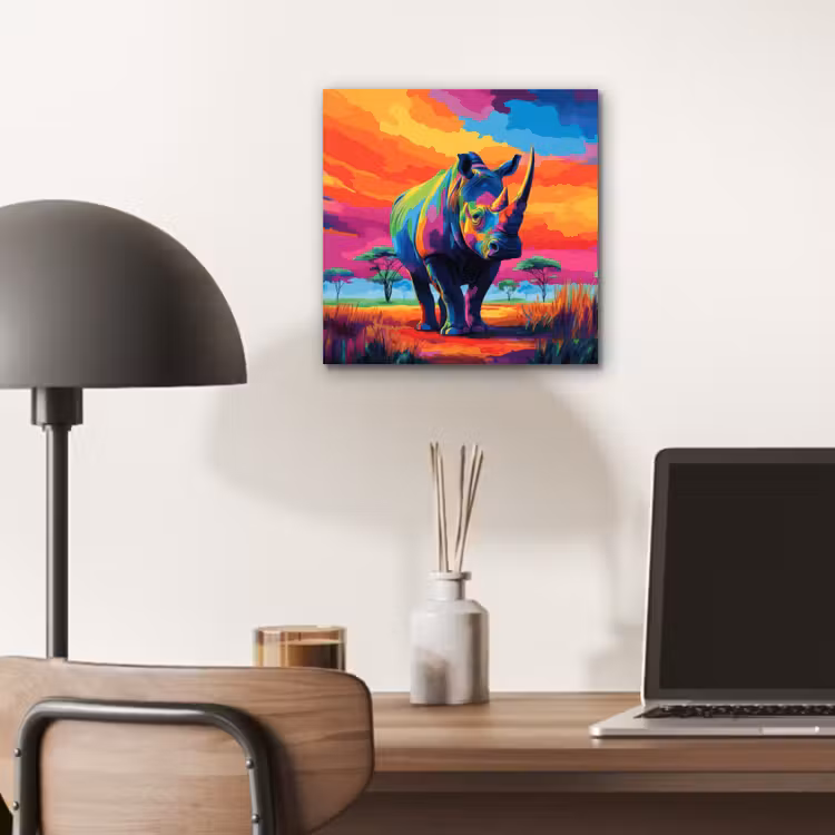 Aluminium schilderij - Neushoorn - Zonsondergang - Savanna - Kleurrijk — 6