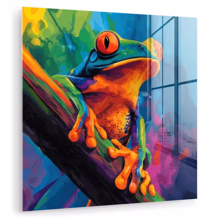 Glas schilderij - Kikker - Felgekleurd - Tak - Regenboog — 1