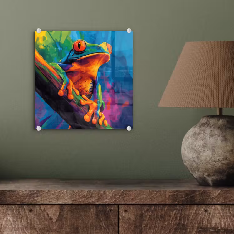 Glas schilderij - Kikker - Felgekleurd - Tak - Regenboog — 4