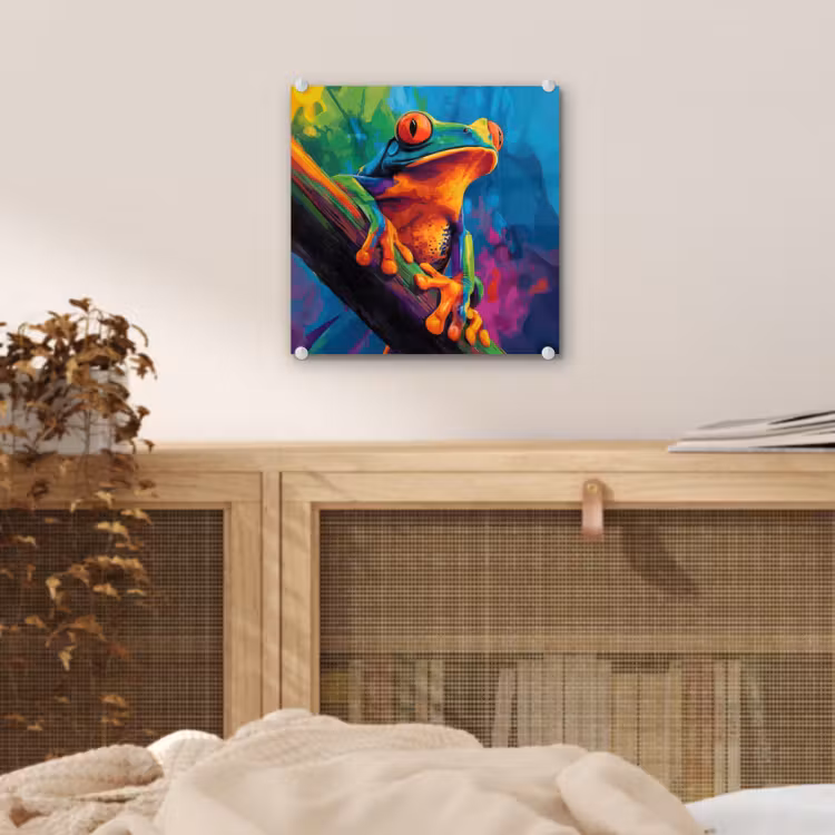 Glas schilderij - Kikker - Felgekleurd - Tak - Regenboog — 5