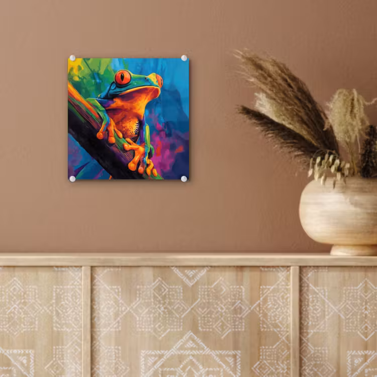 Glas schilderij - Kikker - Felgekleurd - Tak - Regenboog — 6