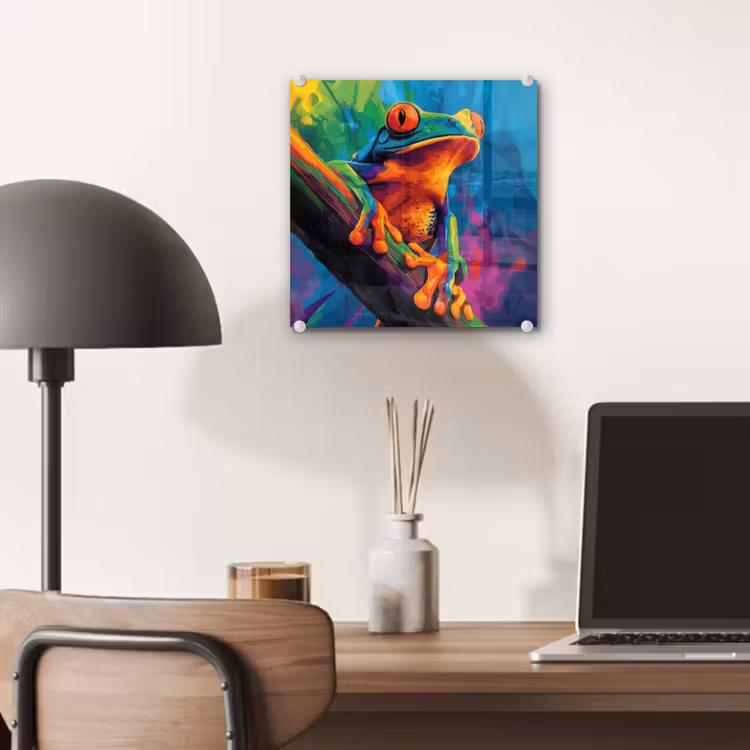 Glas schilderij - Kikker - Felgekleurd - Tak - Regenboog — 7