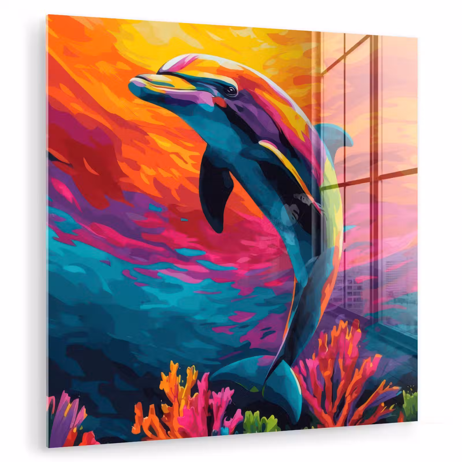 Glas schilderij - Dolfijn - Kleurrijk - Oceaan - Koraal — 1