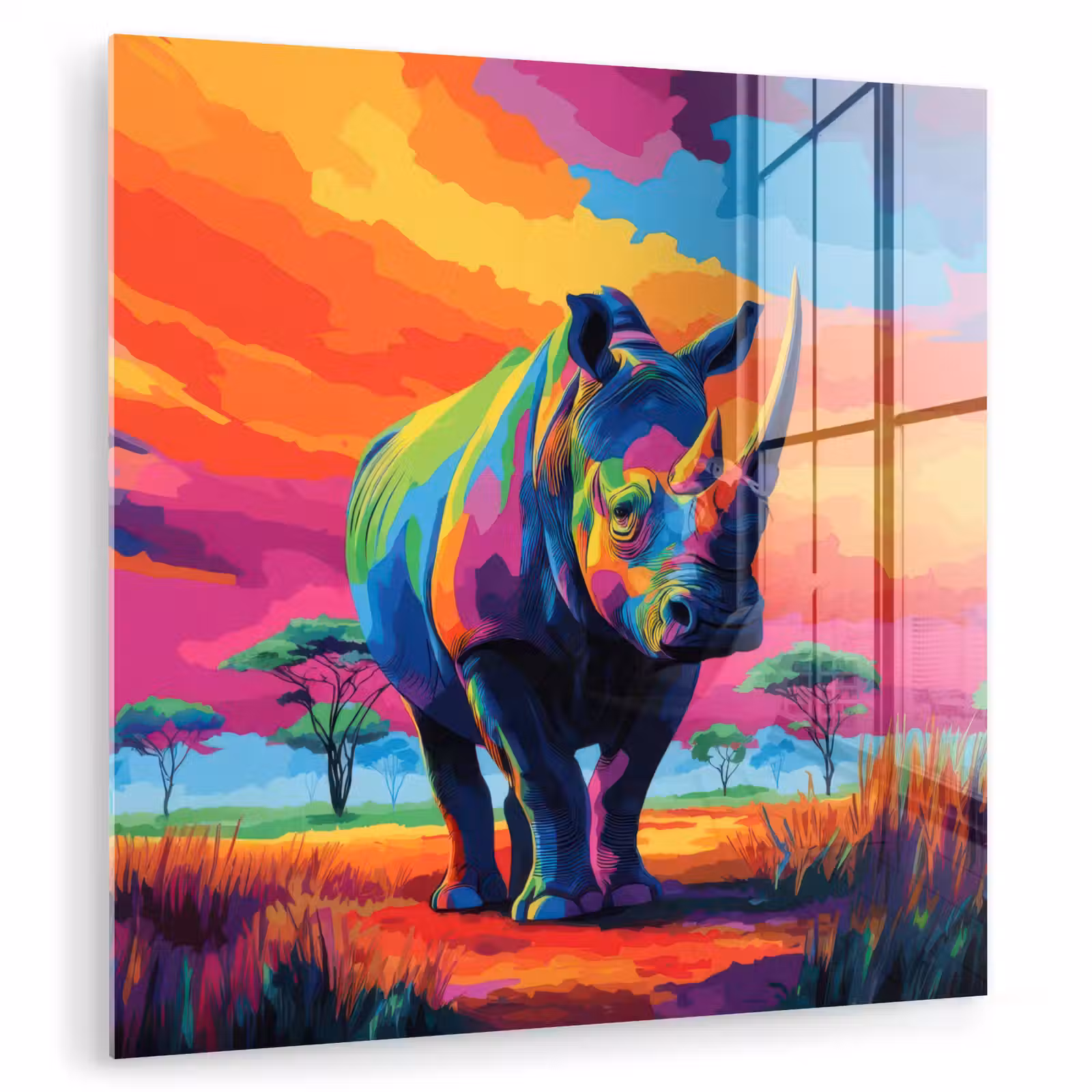 Glas schilderij - Neushoorn - Zonsondergang - Savanna - Kleurrijk — 1