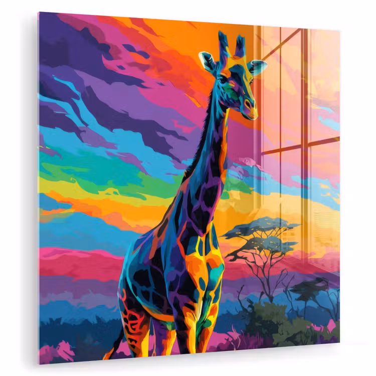 Glas schilderij - Giraffe - Savanna - Lucht - Gekleurd — 1