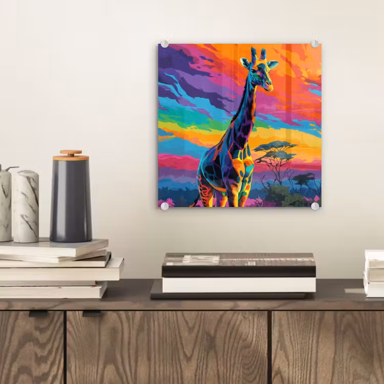 Glas schilderij - Giraffe - Savanna - Lucht - Gekleurd — 2