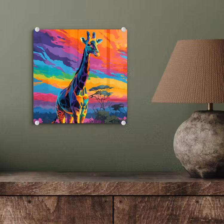 Glas schilderij - Giraffe - Savanna - Lucht - Gekleurd — 4