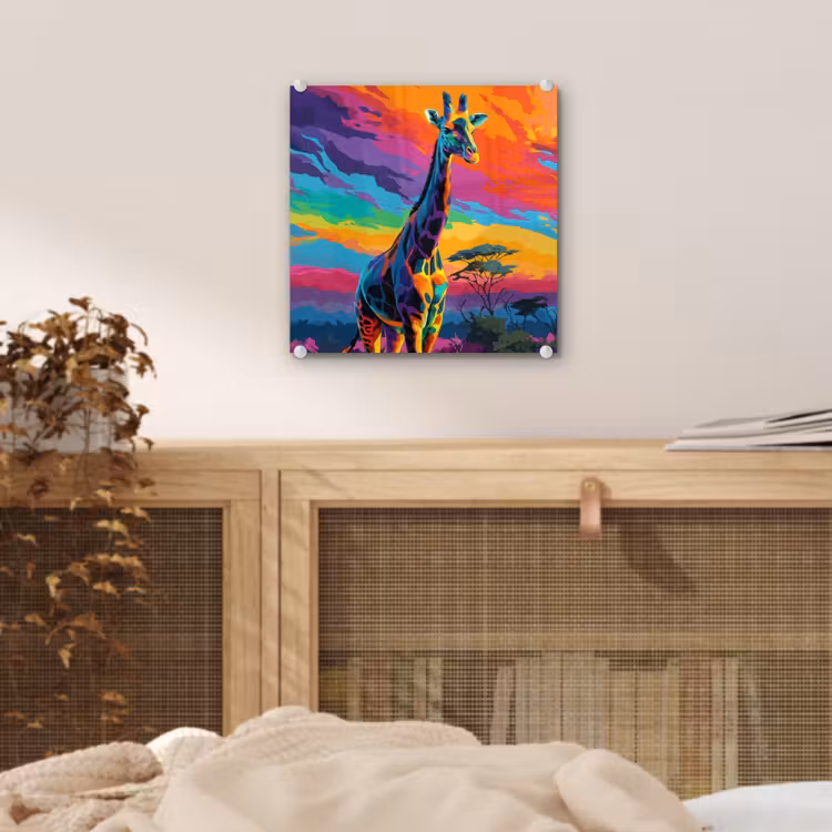 Glas schilderij - Giraffe - Savanna - Lucht - Gekleurd — 5