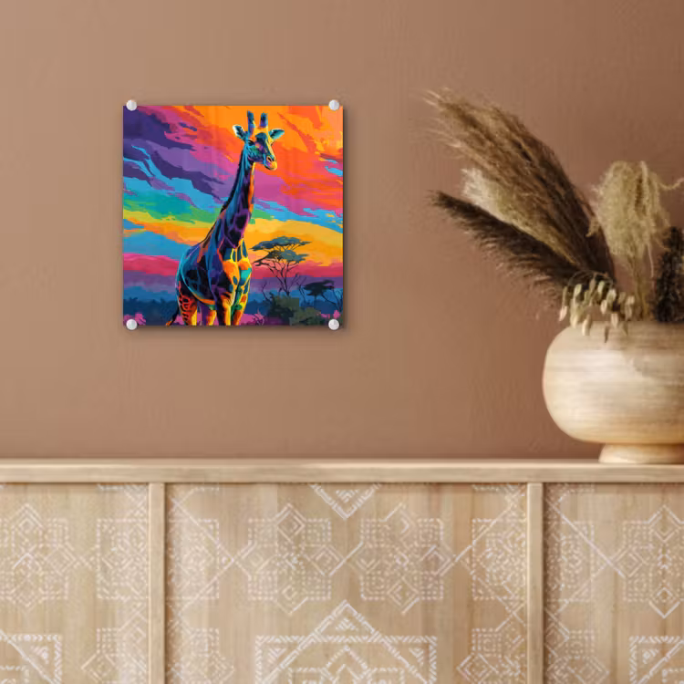 Glas schilderij - Giraffe - Savanna - Lucht - Gekleurd — 6