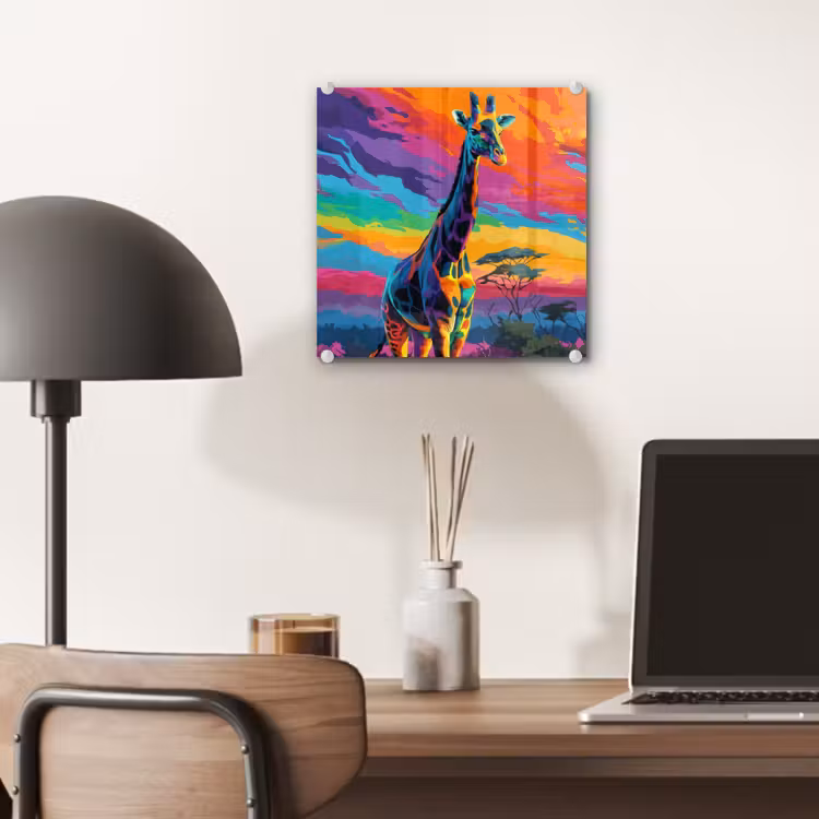 Glas schilderij - Giraffe - Savanna - Lucht - Gekleurd — 7