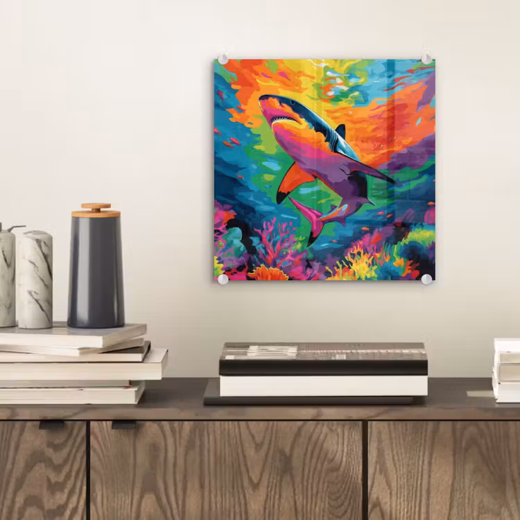 Glas schilderij - Haai - Koraalrif - Abstract - Kleurrijk — 2