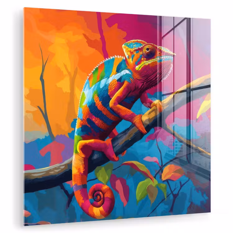 Glas schilderij - Kameleon - Tak - Gestreept - Bladeren — 1