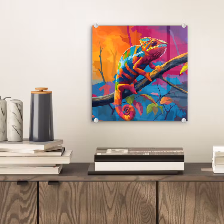 Glas schilderij - Kameleon - Tak - Gestreept - Bladeren — 2
