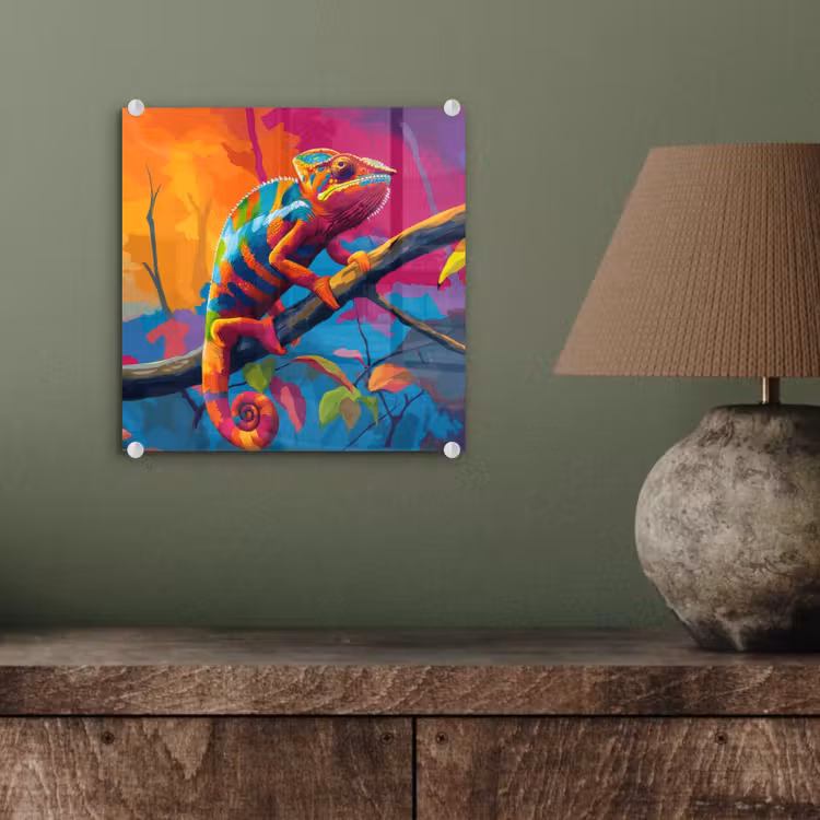 Glas schilderij - Kameleon - Tak - Gestreept - Bladeren — 4
